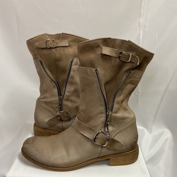 OVYE by Cristina Lucchi Leather & Suede Distressed Buckle Moto Boots Tan Size 41 - Picture 1 of 7